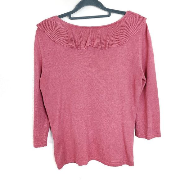 American Living | Size Medium Coral Linen Cotton Blend Ruffle Hem V Neck Blouse - Picture 2 of 6